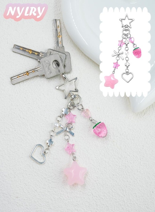 nylry Cute Keychain Y2K Bag Charms for Handbags Aesthetic Kawaii Keychain Purse Charms Sun Moon Strawberry Bow Star Novelty Keychains Accessories for Women Cute Bag Purse Accessories Gifts-pink - Image 4